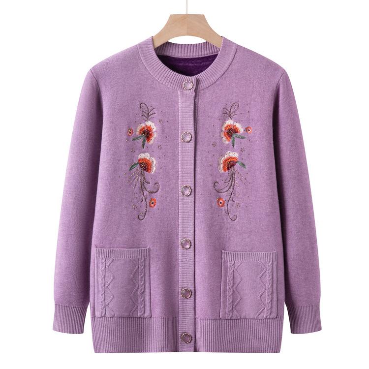 

Women Plus Velvet Thickened Sweater for Middle-aged and Elderly People In Autumn and Winter Embroidered Cardigan for Mother Coat for Elderly People XL
