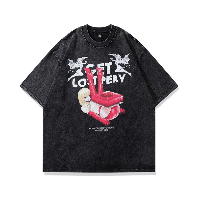 Two-Dimensional Animation Printed T-Shirt Street Trendy Brand Retro Washed Old Small Neckline Short Sleeve Vintage T-Shirt Men