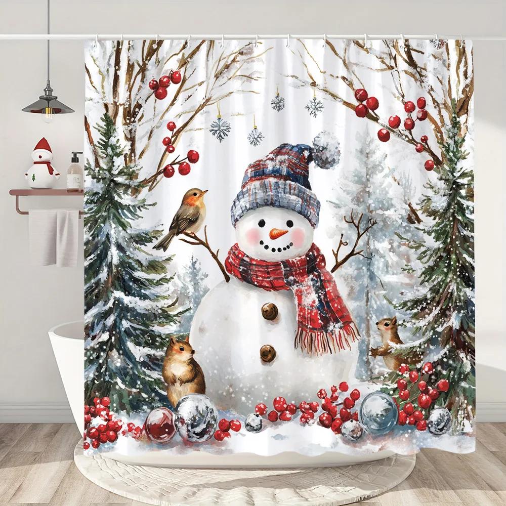 Funny Christmas Shower Curtain Santa Claus Snowman Deer Snow Scene Christmas Gifts Shower Curtain Bathroom Decoration With Hooks