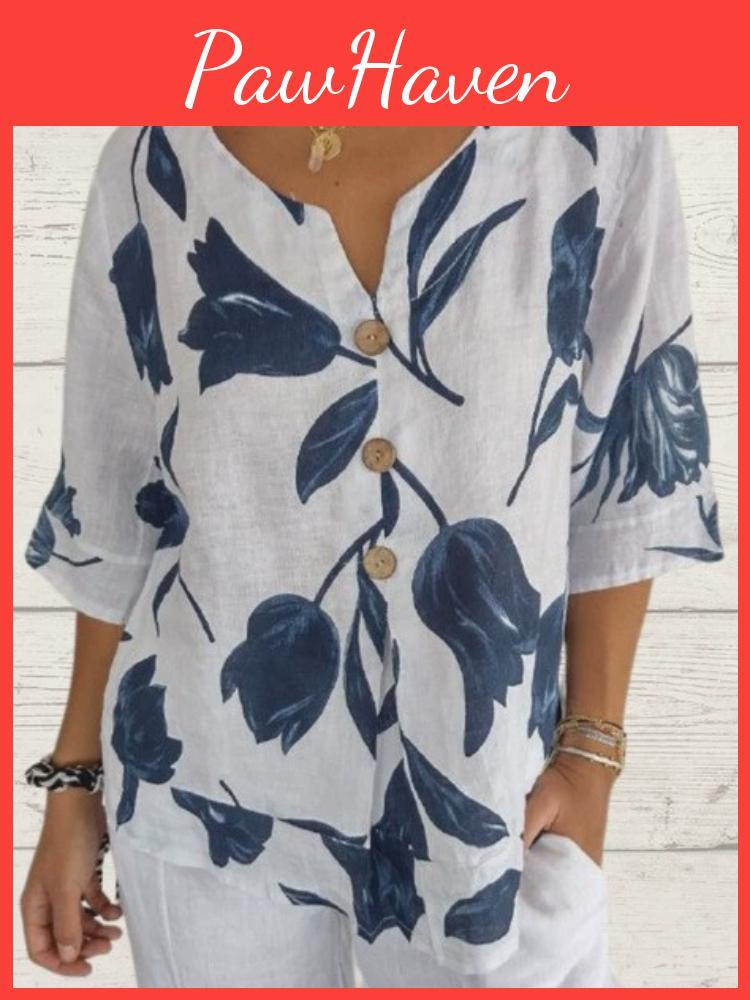 Cotton New Linen Printed And Vneck Shortsleeved Pullover Shirt Spring And Summer Casual Jacket