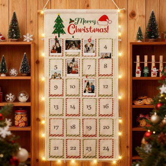 Weihnachts-Bilder-Countdown-Tafel Foto-Adventskalender mit Weihnachtsklammern Wiederverwendbare Foto-Display-Collage-Tafel mit LED-Licht für Festival-Erinnerung