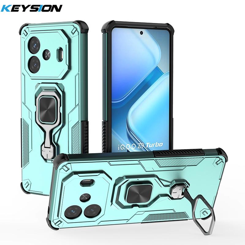KEYSION Shockproof Armor Case for IQOO Z9 Turbo Soft Silicone+PC Upright Metal Ring Stand Phone Cover for IQOO Z9 Turbo+ Z9 5G