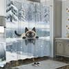 Oil Painting Black And White Cat In Pond With Water Lilies & Fireflies Waterproof Shower Curtain For Bathroom Decor