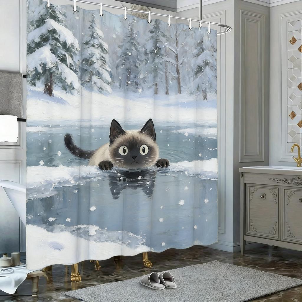 Oil Painting Black And White Cat In Pond With Water Lilies & Fireflies Waterproof Shower Curtain For Bathroom Decor