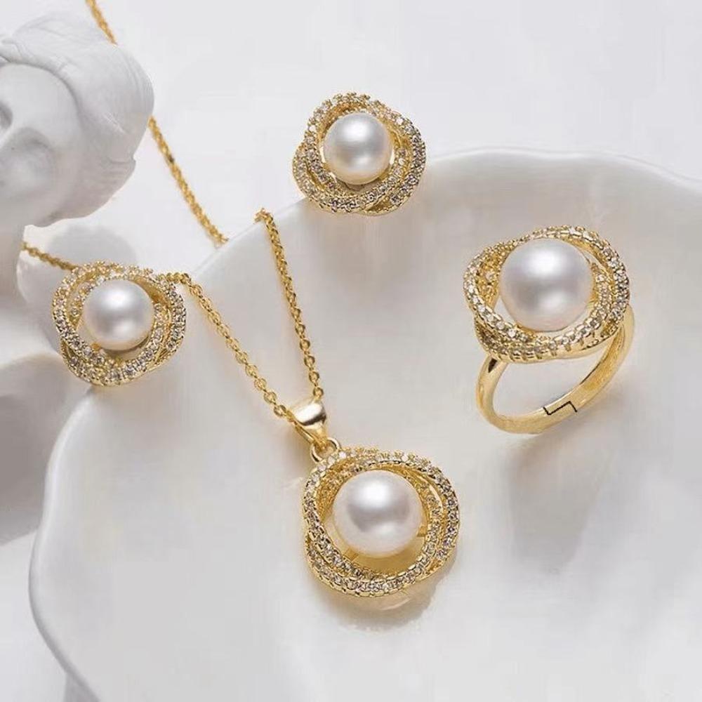 Shell Pearl Gold-Color for Women Cubic Zirconia Necklace Earrings with Party Birthday Wedding Jewelry Sets Gift