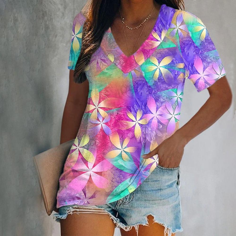 Summer Colorful Floral 3d Printing T-shirt Women's V-neck Short-sleeved T-shirt Top T-shirt