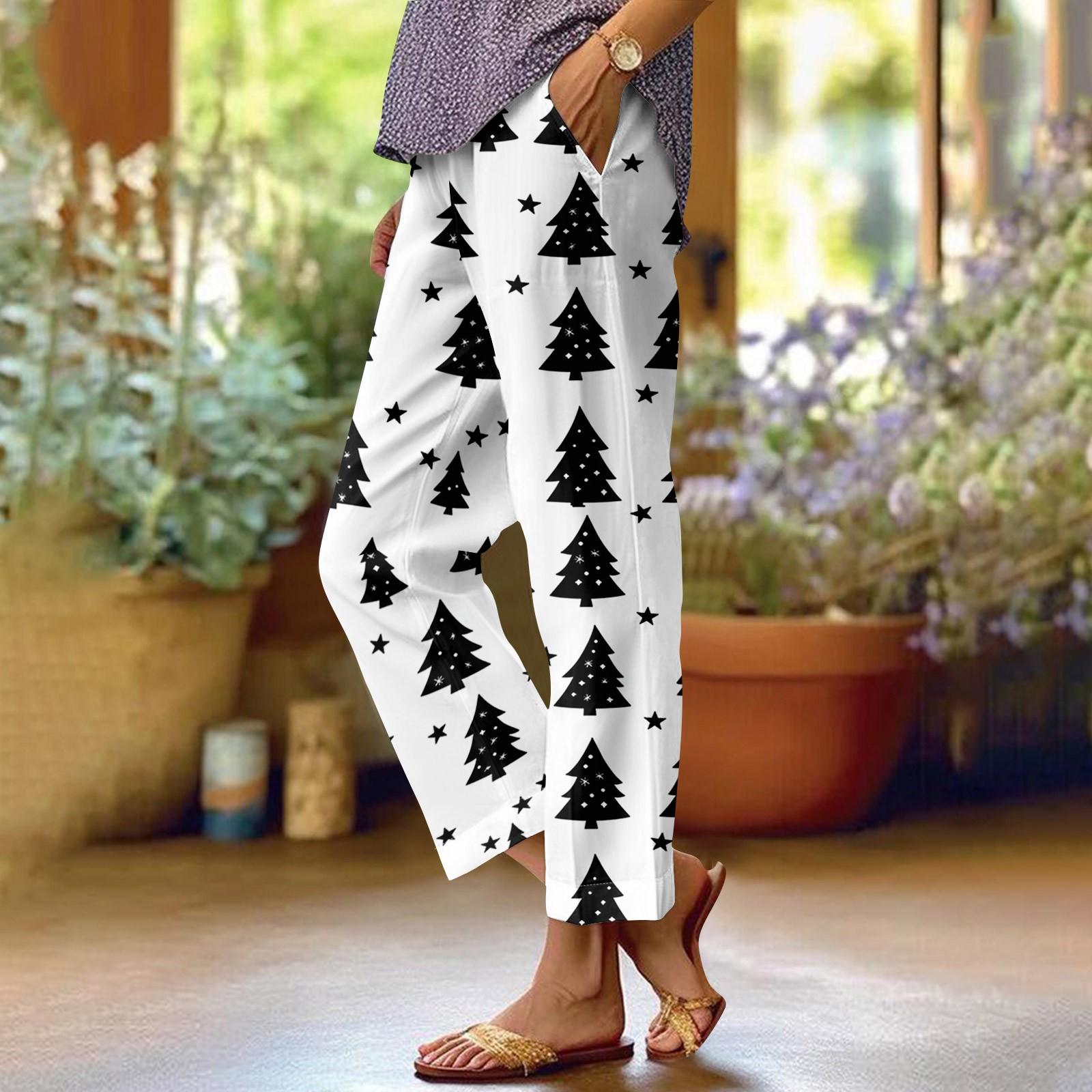 

Женские модные повседневные брюки с прямыми карманами и эластичной талией с рождественским принтом M белый