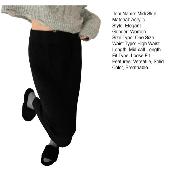 Dámská midi sukně s vysokým pasem, volného střihu, žebrovaná pletená sukně, jednobarevná, podzimní zimní, rovná sukně, všestranné denní nošení