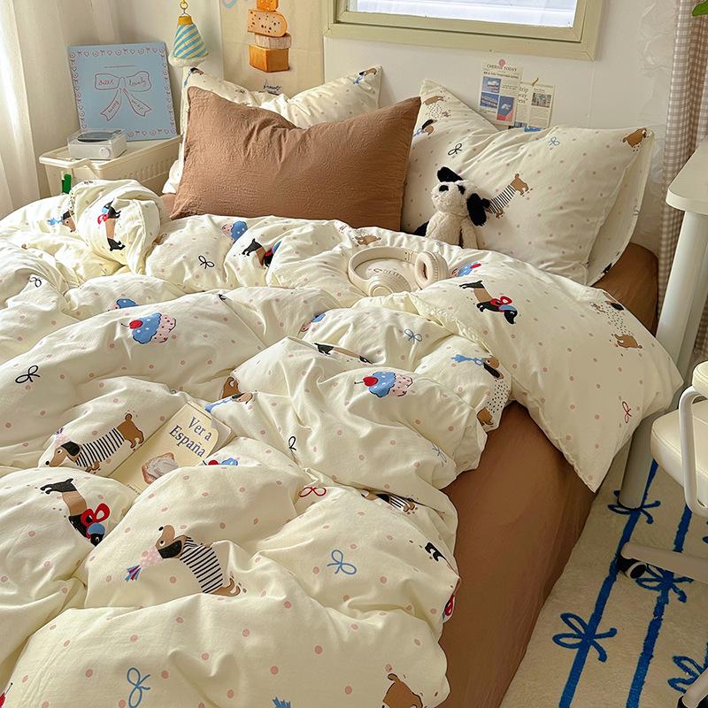 Cream Pure Cotton 4 Piece Bed Sheet Set Washable All Cotton Duvet Cover Pillowcase Class A 3 Piece Set Soft Comfortable Bedding