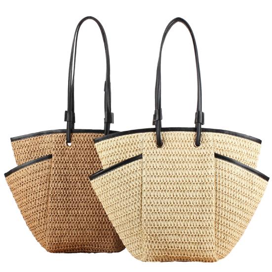 Straw Woven Shoulder Bag with Multiple Pockets Zipper Closure Handmade Braided Vacation Leisure Handbag