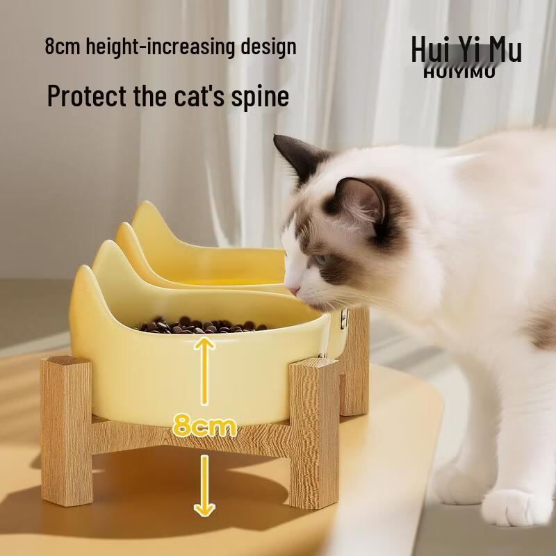 HANDUNYOU Zvýšená keramická dvojitá miska pro kočky s dřevěným stojánkem