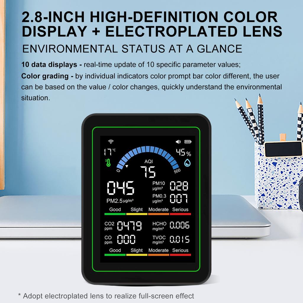 10-in-1 2.8" Air Quality Detector Meter CO2 Formaldehyde PM2.5 TVOC Temperature Humidity Tester Type-C Charging for Home Office