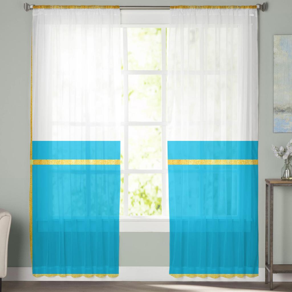 Perdele Geam Geometrice cu Dungi Galben-Aqua, Perdea Subțire din Șifon și Tul, Decorare Fundal Cameră de Zi Acasă