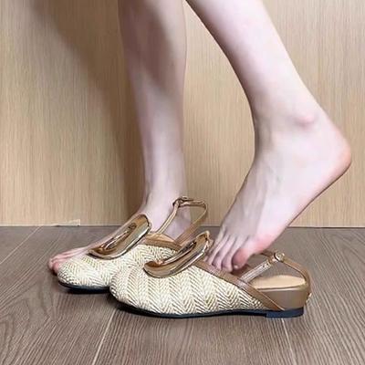 Soft Leather Edition~ Niche Personalized Design Sense Straw Vacation Wind Baotou Shoes Women's Back Tripple Belt Hollow Wedge Heel Half Slippers