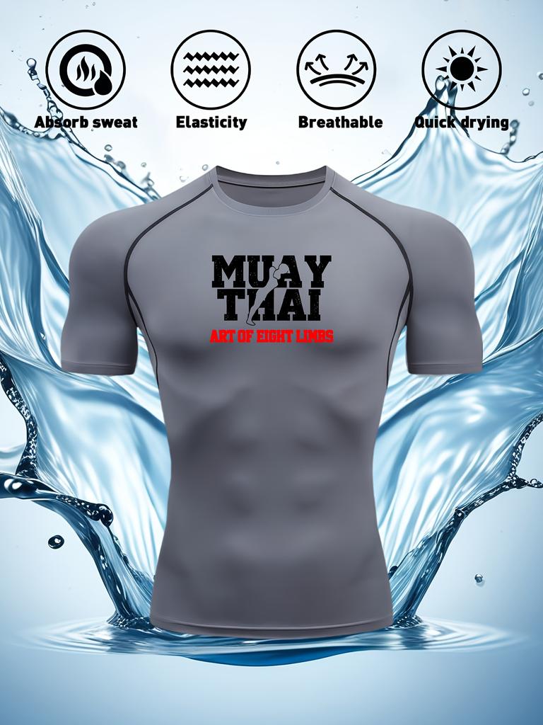 Men's Navy Blue Compression T-Shirt with "MUAY THAI Art of Eight Limbs" Print, Elastic Quick Drying Breathable Muay Thai & MMA Training Top