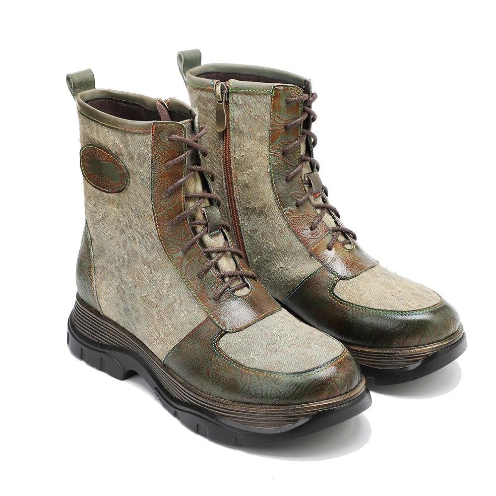 Johnature Genuine Leather Spliced Printed Fabric Women's Boots Vintage Lacing Comfortable Versatile Short Boots