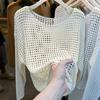 Effen kleur ronde hals lange mouwen gehaakt gaas shirt dames zomer sexy pure verlangen overjas dun topje met bretels