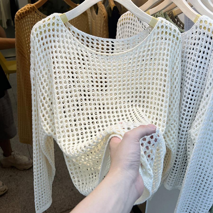 Effen kleur ronde hals lange mouwen gehaakt gaas shirt dames zomer sexy pure verlangen overjas dun topje met bretels