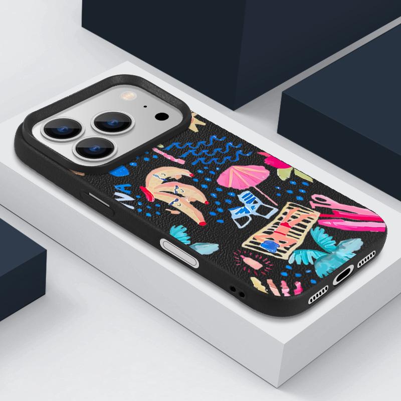 For iPhone 17 Pro Max Case Luxury Cartoon Vacation Painting Leather Texture Silicone Cover For iPhone 16 Pro Max 15 14 13 12 11 16E Air