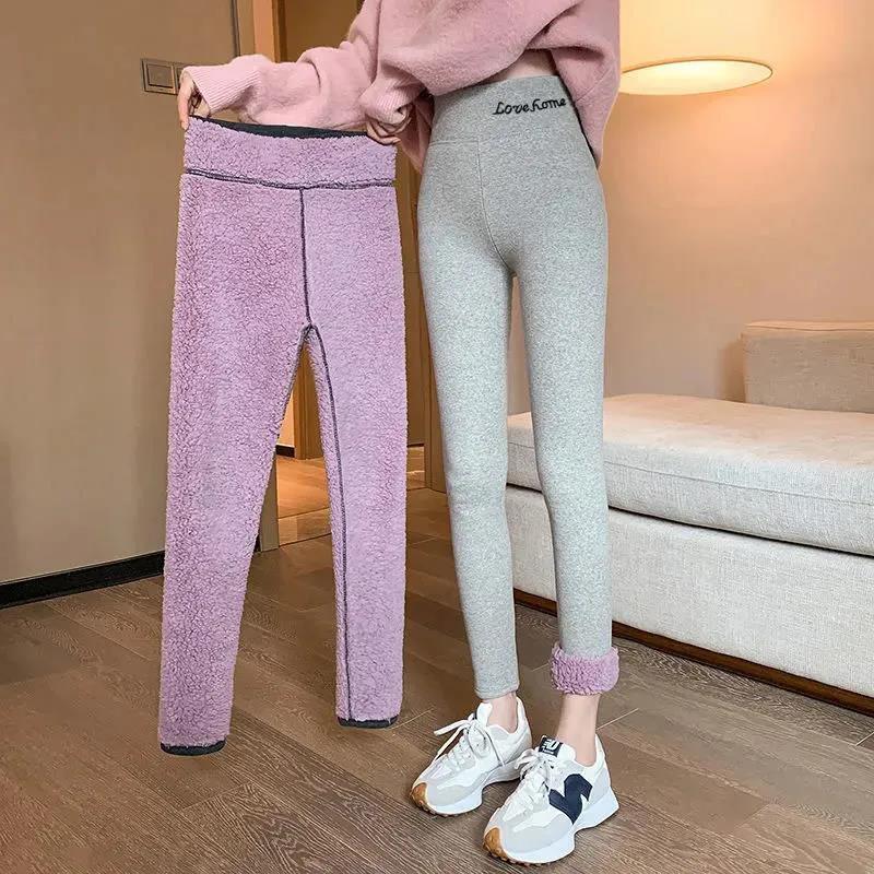 Women Winter Padded Lamb Wool Leggings Cloud Velvet Thickened High Waist Thin Warm Embroidered Cotton Pants