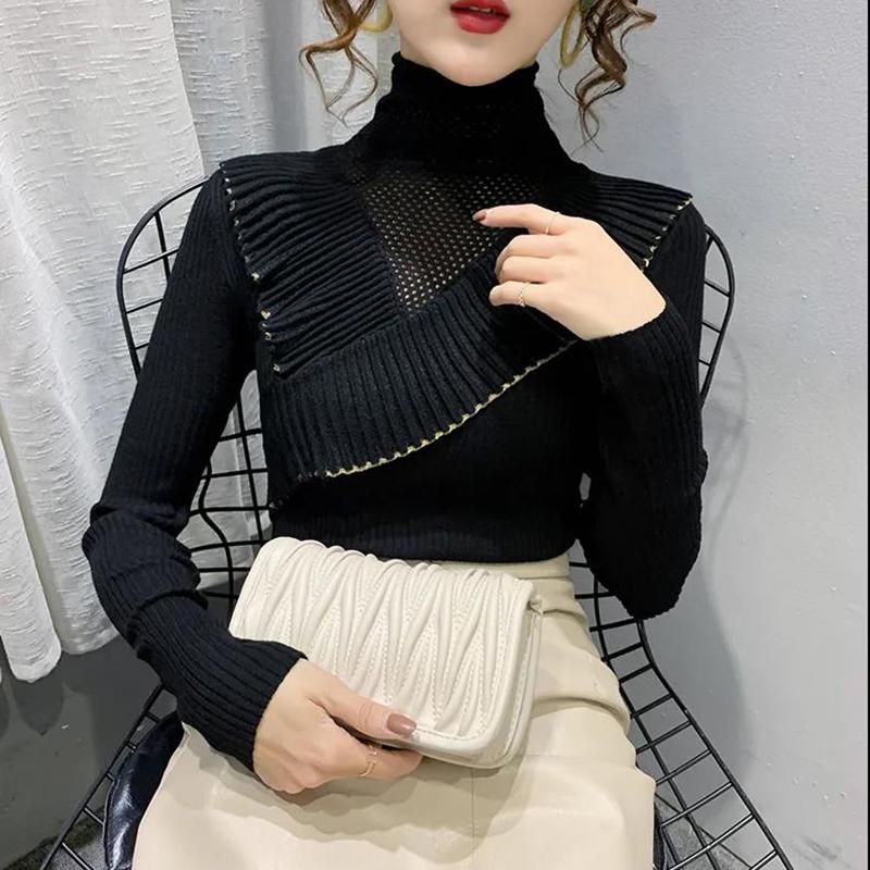 Potargany sweter z półgolfem damski jesienno-zimowa odzież koronkowy styl samo-uprawa Hollow dzianina najniższa koszula Top