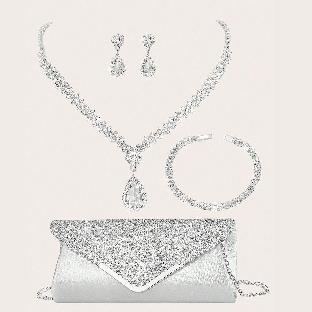 Crystal Pendant Necklace Set Evening Bag Geometric Irregular Design Party Jewelry серебряный