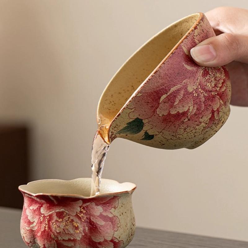 Flint red ceramic tea sea old retro style peony household small hand grab fair cup tea dispenser uniform tea cup
