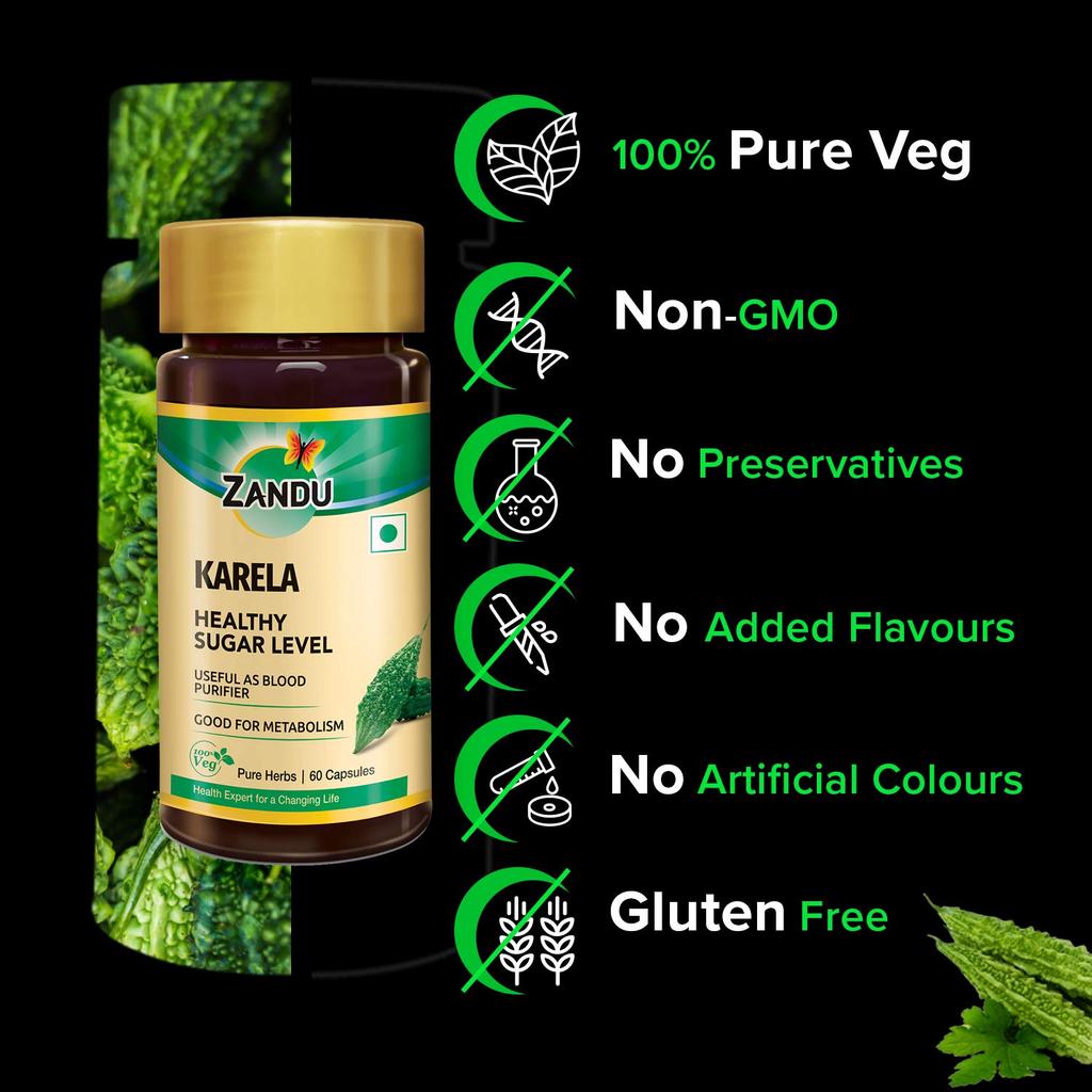 Zandu Karela Bitter Melon Herbal Capsules For Metabolic Wellness Natural Supplement 60 Veg Capsules Twin Pack  OF 2 Size