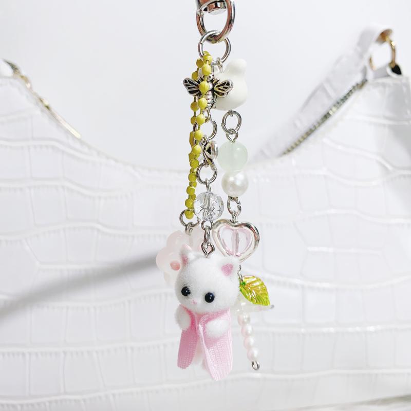 Cute Cartoon Flocking Cat Dog Beaded Keychain Pendant Headphone Case Charm  Backpack Decoration Car Key Ring Gifts