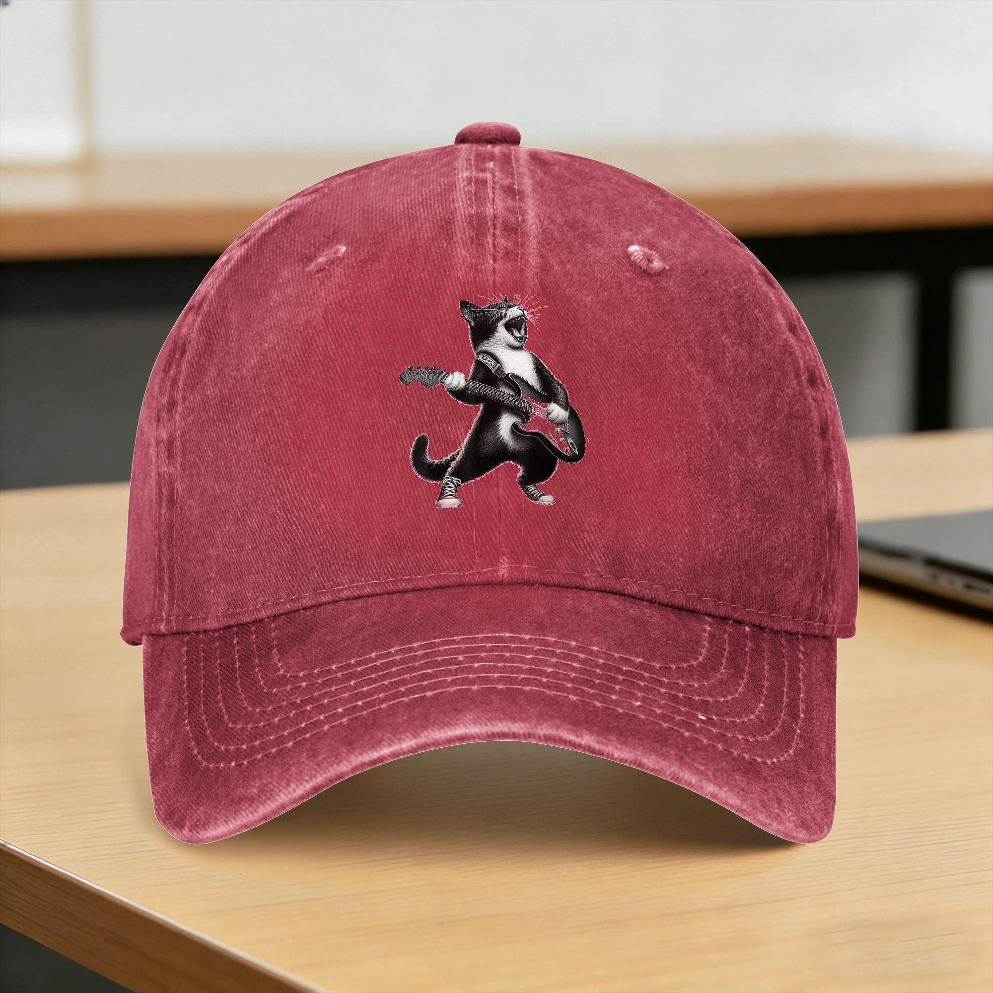 Funny Black Cat Playing Guitar Rock And Roll Sun Baseball Cap  yk Cute Unisex Unisex Washed Trucker Hat Kpop Rock Snapback Cap One Size