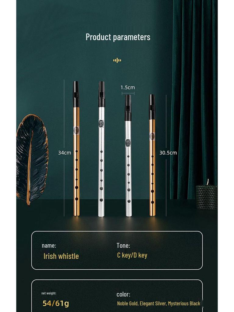 Irlandzki gwizdek blaszany sopranowy 6-otworowy, Tonacja C i D, Poziom początkujący Metalowy flet prosty