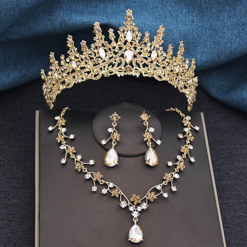 3Pcs Sets Princess Crown Bridal Jewelry Sets for Women Tiaras and Choker Necklace Earrings Wedding Dress Bride Jewelry Set