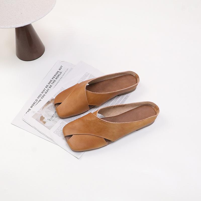 Johnature Papuci cu degetul pătrat din piele naturală Pantofi pentru femei Pantofi casual pentru exterior Pantofi confort papuci