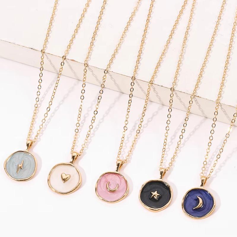 Minimalist Colorful Moon Star Enamel Necklaces For Women Girls Heart Lightning Enamel Pendant Clavicle Chain Party Daily Jewelry