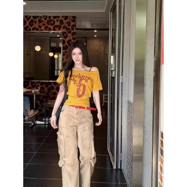 Y2k Sport Summer Off shoulder Top Women Sexy Vintage 2000s Short sleeve T shirt Lady Body Basic Crop Top Female Casual