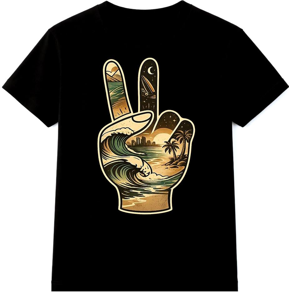 Peace Sign T-Shirt Beach Graphic Ocean Waves Palm Trees Coastal Sunset Tee S разноцветный