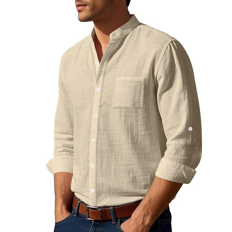 Linen Shirt with Long Sleeves and Stand Collar Breathable Casual Men's New Chinese-Style Pocket Shirt