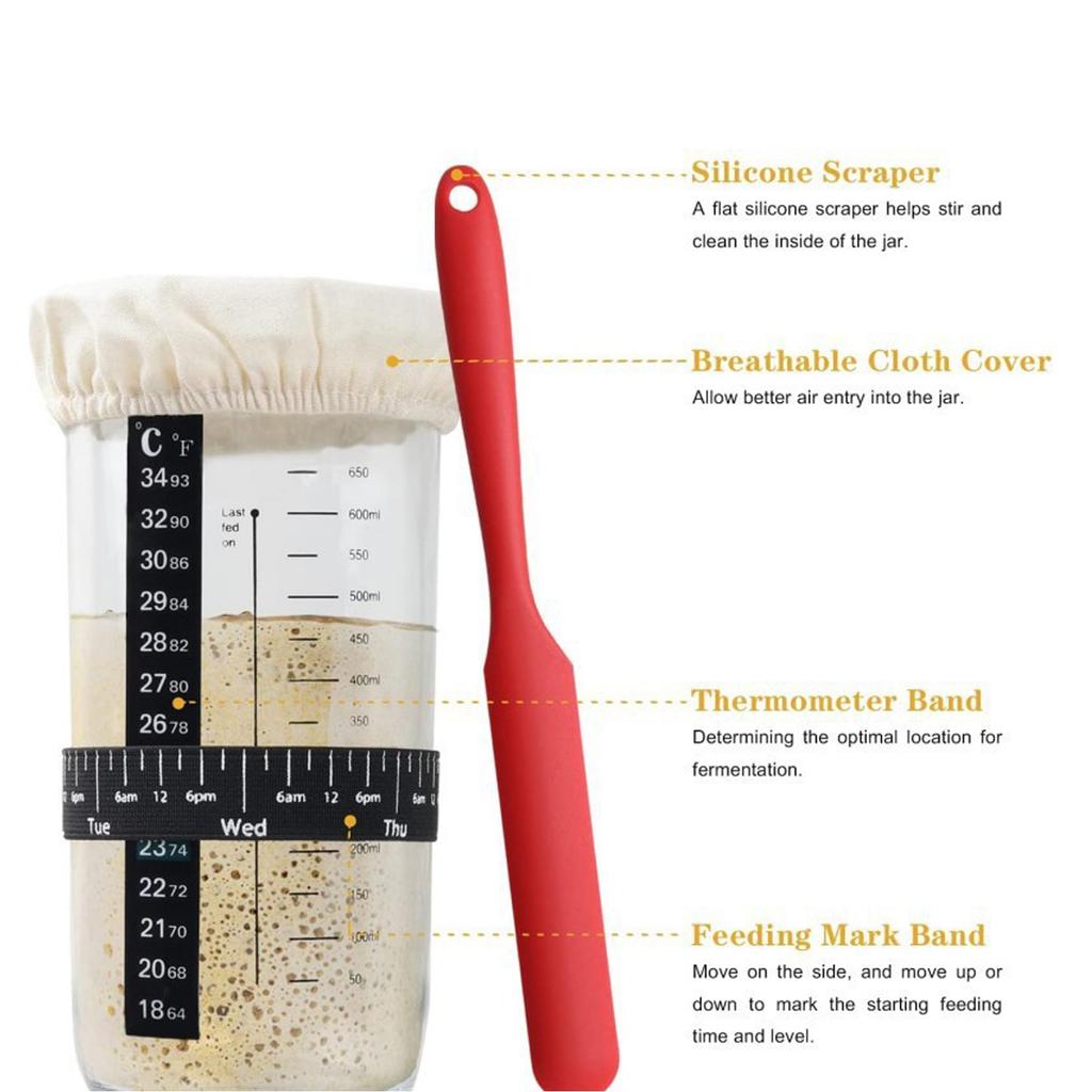 Sourdough Bread Baking Jar Kit, Easy Fermentation 24oz Glass Jars With Scraper, Thermometer And Cloth Cover, Sourdough Starter Tool For Home Baking
