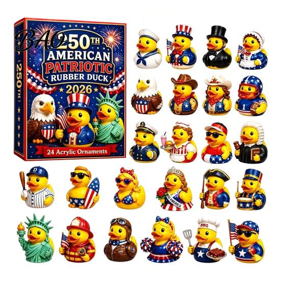 Acrylic Surprise Gift Boxes 2026 USA 250th Anniversary Rubber Duck Advent Calendar, 24-Day Patriotic Countdown Creative Holiday Kit Collection Box, 2D