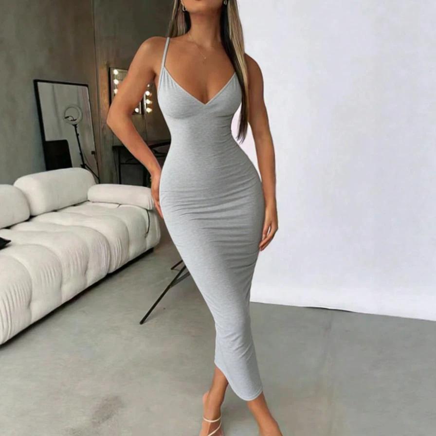 2026 Europe, America, Pure Desire Deep V Suspender Dress, Slim-fitting Knitted Hip-wrapped Medium and Long Skirt
