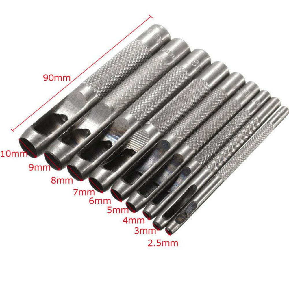 Hollow Punch Tool Kit 9 Piece Set for Leather Gasket and Sheet Metal Carbon Steel Punches with Easy Grip Knurled Handles