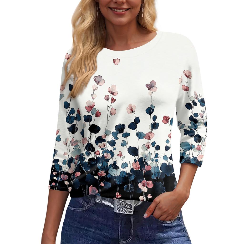 Women's Fashion Casual Round Neck 3/4 Sleeve Loose Printed T-Shirt Ladies Top