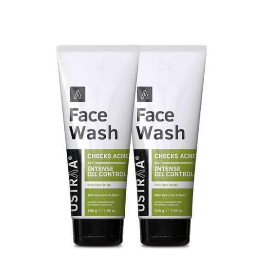Ustraa Face Wash - Oily Skin - 200g x 2 - (Pack of 2) | With Basil & Key Lime - Especially For Acne-Prone Skin | Checks Acne & Blackheads