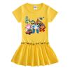 Summer Cartoon Raglan Color Block Short Sleeve Pleated Dress for Girls