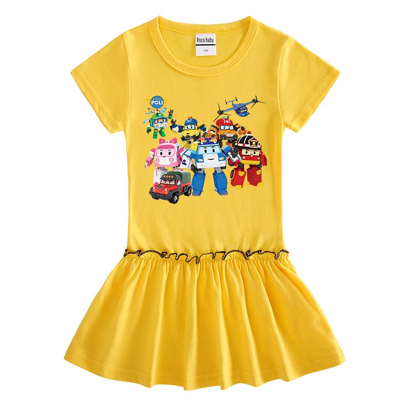Summer Cartoon Raglan Color Block Short Sleeve Pleated Dress for Girls