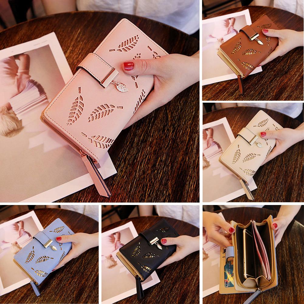 Gold Hollow Leaves Long Wallet, Buckle Decor Foldable Handbag, Women'S PU Leather Clutch Purse