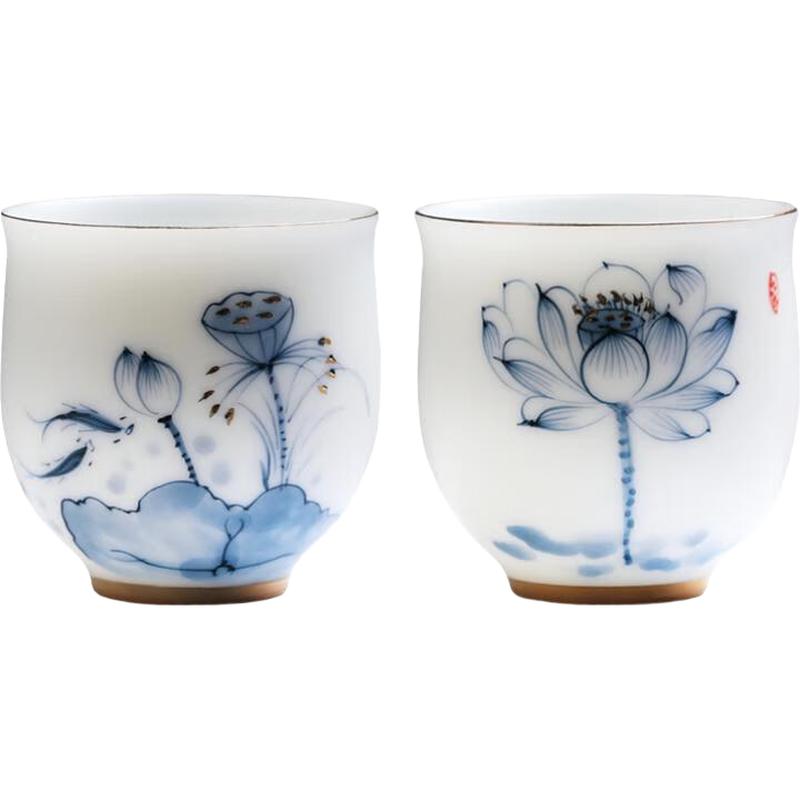 

MULTIPOTENT Hand-Painted Gilded Green Lotus Ceramic Tea Cups (2-Pack)