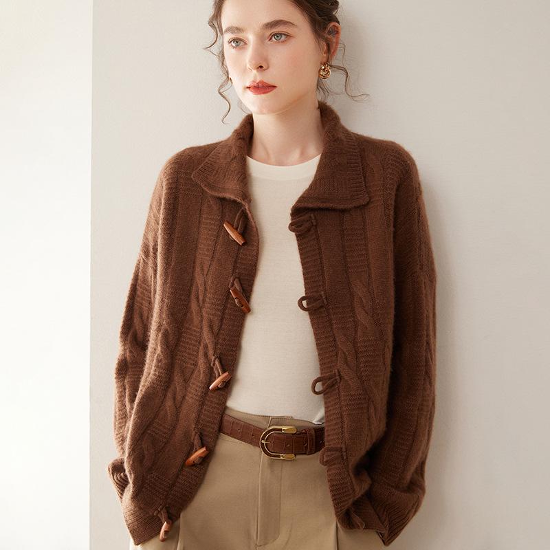 Women's Cashmere Knit Cardigan: Long Sleeve, Loose Fit, Thick, Stylish, Versatile, Soft, Skin-Friendly for Autumn and Winter