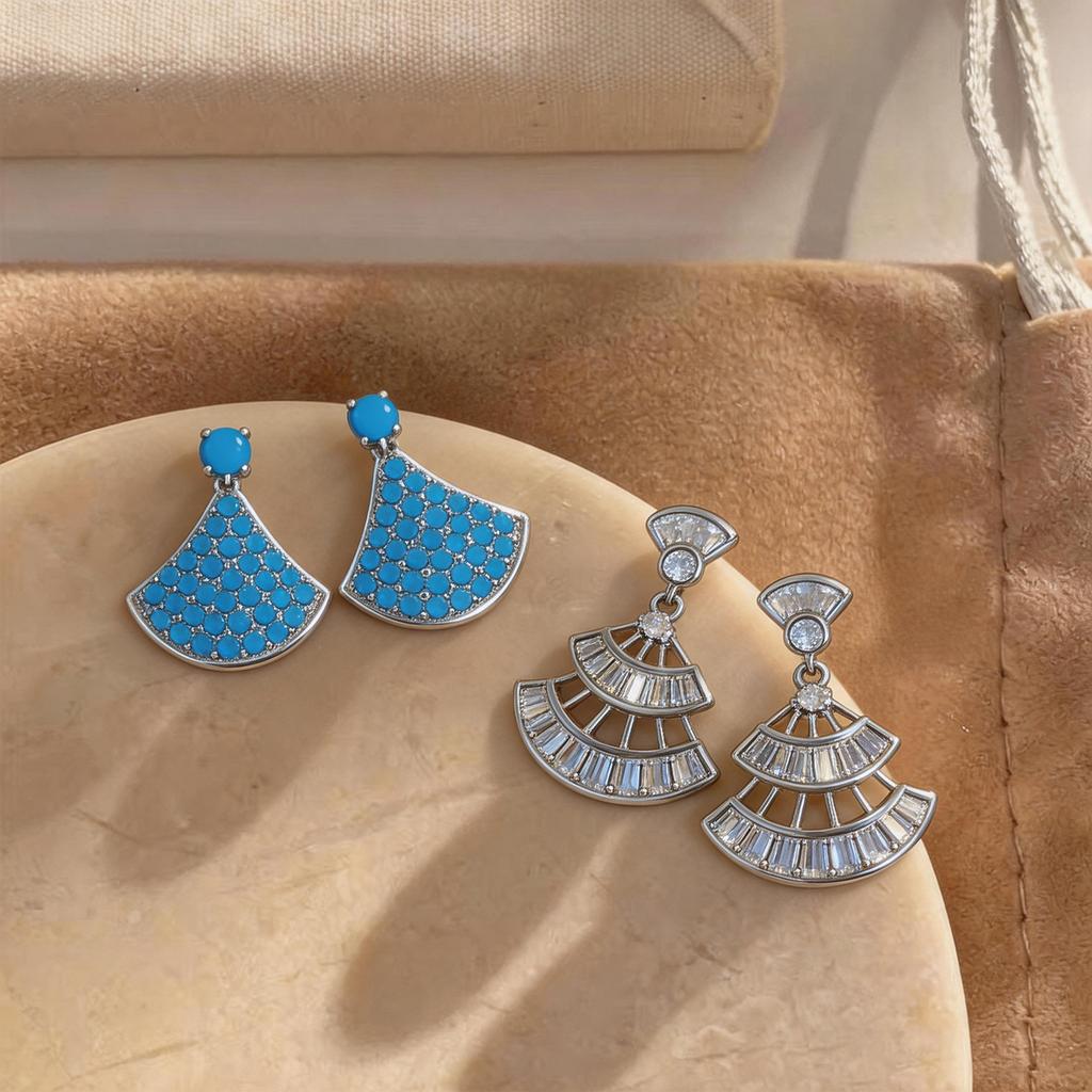 Silver Needle Retro Zircon Fan Pendant Earrings French Court Temperament Light Luxury Versatile Earrings