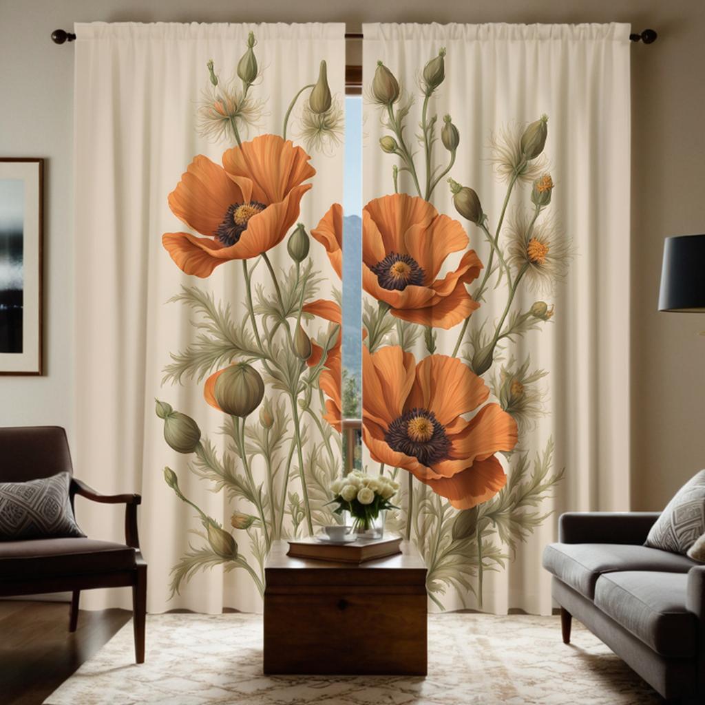 2pcs HD vintage style floral decoration curtains Orange tie digital printed curtains Home Decoration style Decoration living